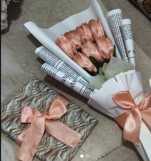 Peach satin tulips and handmade embroidered letter