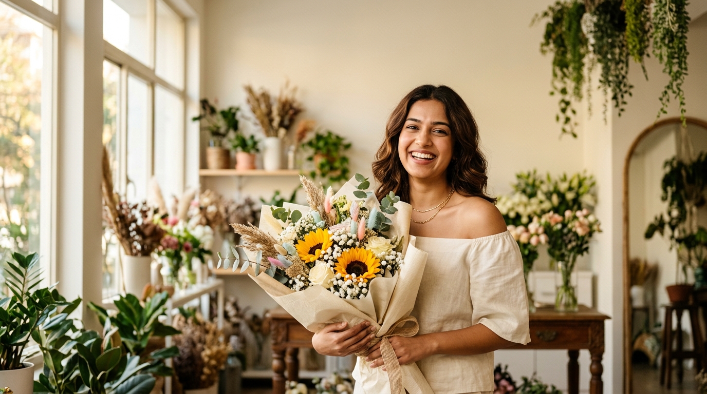 Guldaste Waali - Indian Artisan Florist Holding Sunflower Bouquet